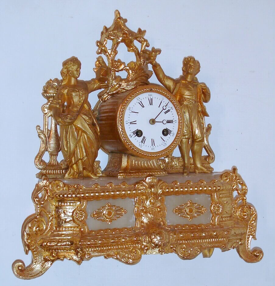 French, 8-day time/strike figural mantel clock, young couple in the garden, C. 1870 — Antique Clocks Price Guide
