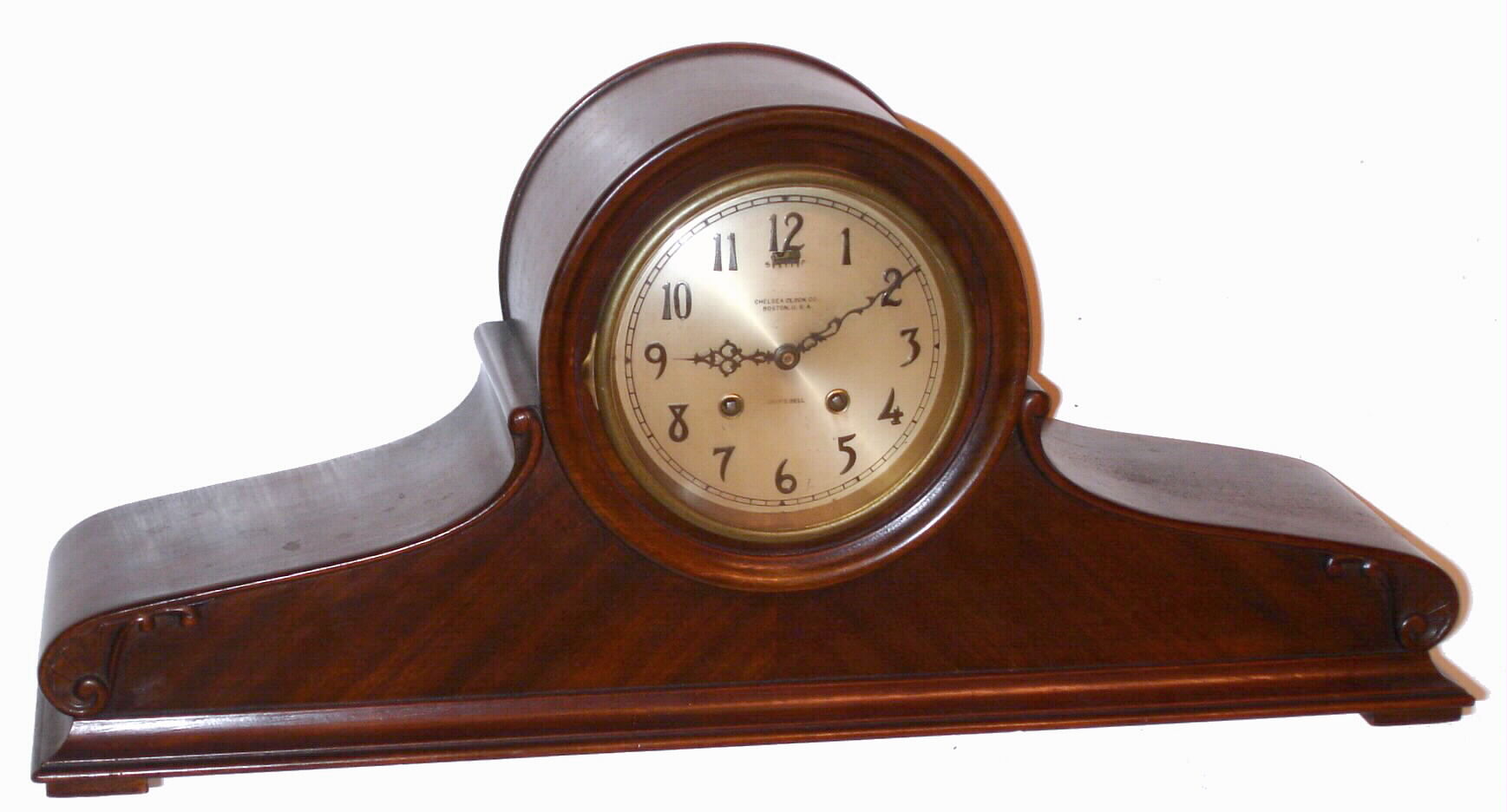 Chelsea Clock Co., Boston, c. 1918, "Tambour No. 31", Ship's Bell, mahogany tambour mantel clock, 8-day. Serial No. 124643. — Antique Clocks Price Guide
