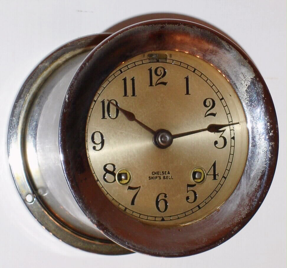 Chelsea Clock Co. CHELSEA model, Ship's Bell marine clock. 3 inch dial, screw-on bezel. Serial No. 511749, w/ nickel finish, C. 1948 — Antique Clocks Price Guide