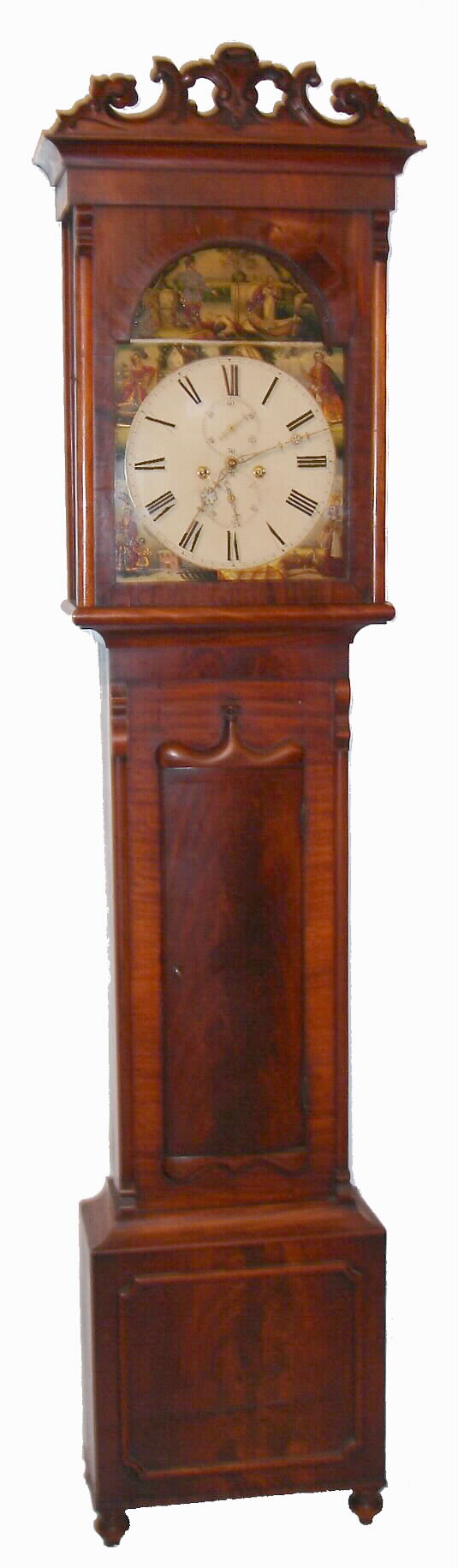 Unsigned painted dial tall case clock, 8 day time and strike weight driven movement in mahogany and mahogany veneer case with carved crest and dial picturing Lady of the Lake in the arch and Four Seasons in the corners, with date dial at 6 o'clock and second's bit at 12 o'clock, c1800 — Antique Clocks Price Guide