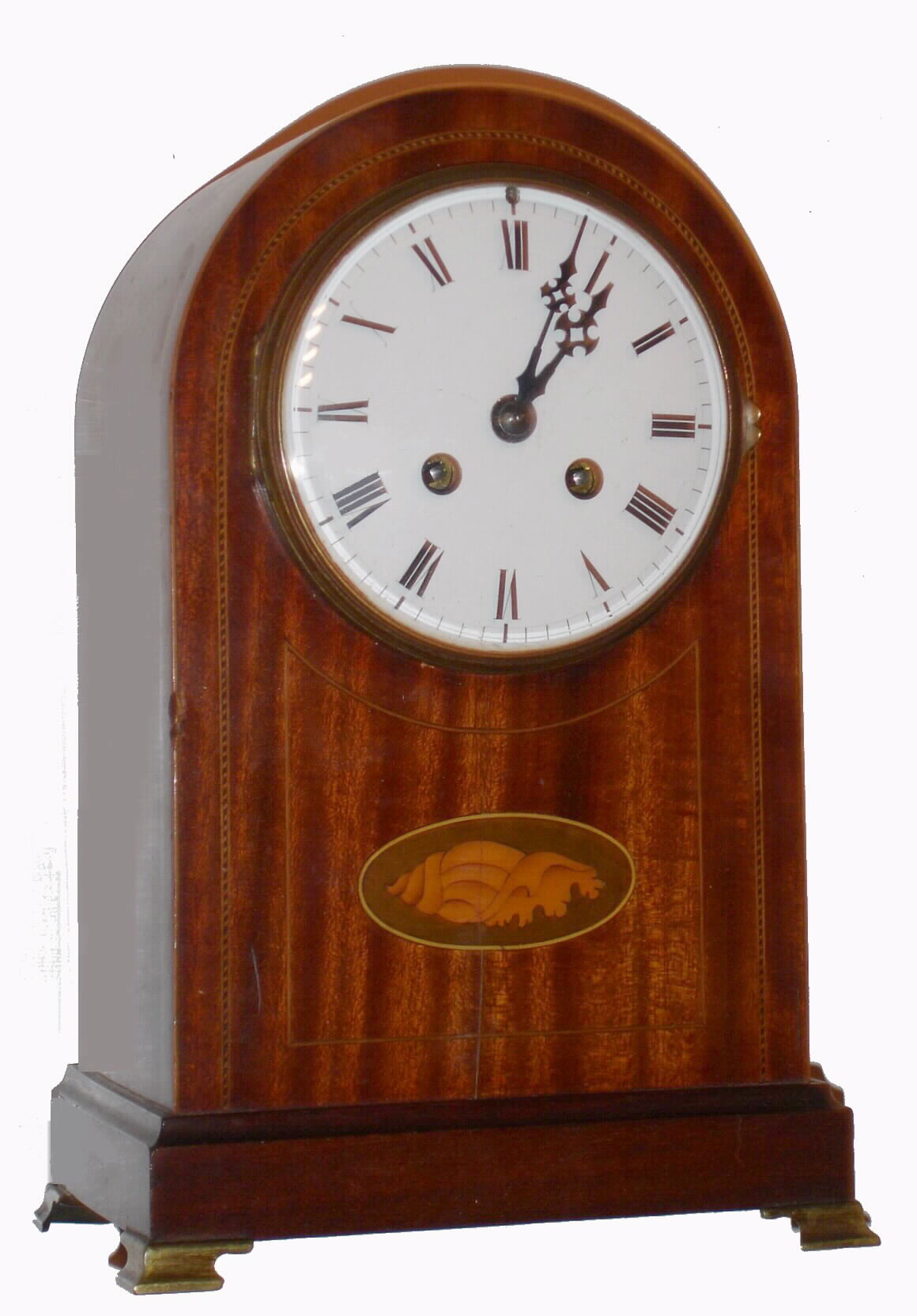 Samuel Marti, Paris French mantel clock 8 day time and strike movement in mahogany veneer case inlaid with shell design, c1900 — Antique Clocks Price Guide