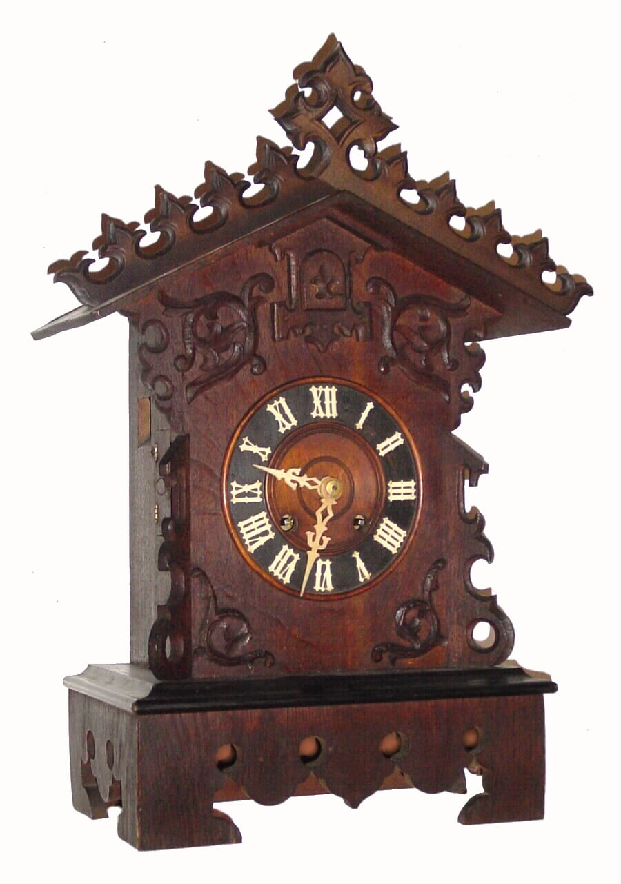 German shelf cuckoo clock with 30-hour time and strike movement and bone hands and articulated cuckoo bird, c1890 — Antique Clocks Price Guide