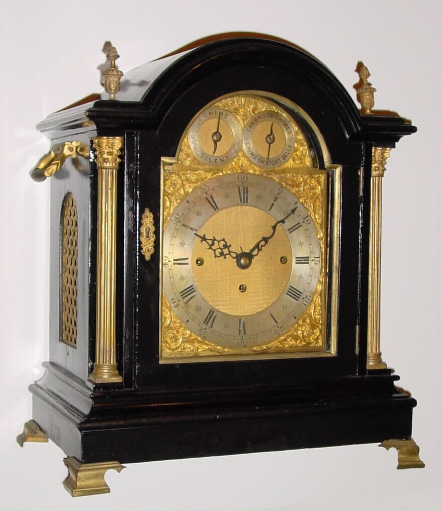 English bracket clock with 8 day, three fusee, 8-Bell quarter chime movement in an ebonized case with gilt columns and flame finials in the style of a century earlier, c1890 — Antique Clocks Price Guide