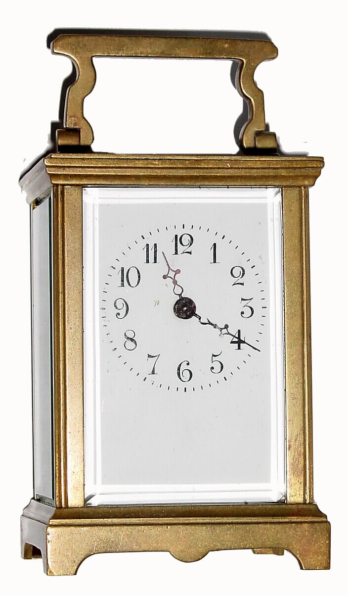 French, brass cased carriage timepiece with 8 day time only movement and Arabic numeral porcelain dial, c1900 — Antique Clocks Price Guide