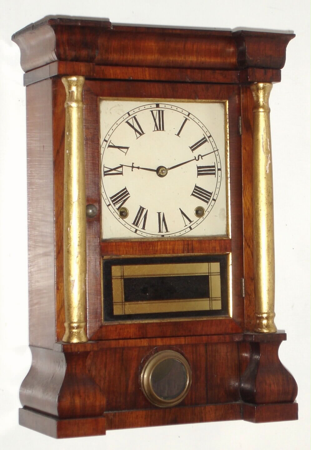 Seth Thomas, Plymouth Hollow, Conn., C. 1860, 8-day time/strike miniature column and cornice mantel clock, with large lyre framed movement. — Antique Clocks Price Guide