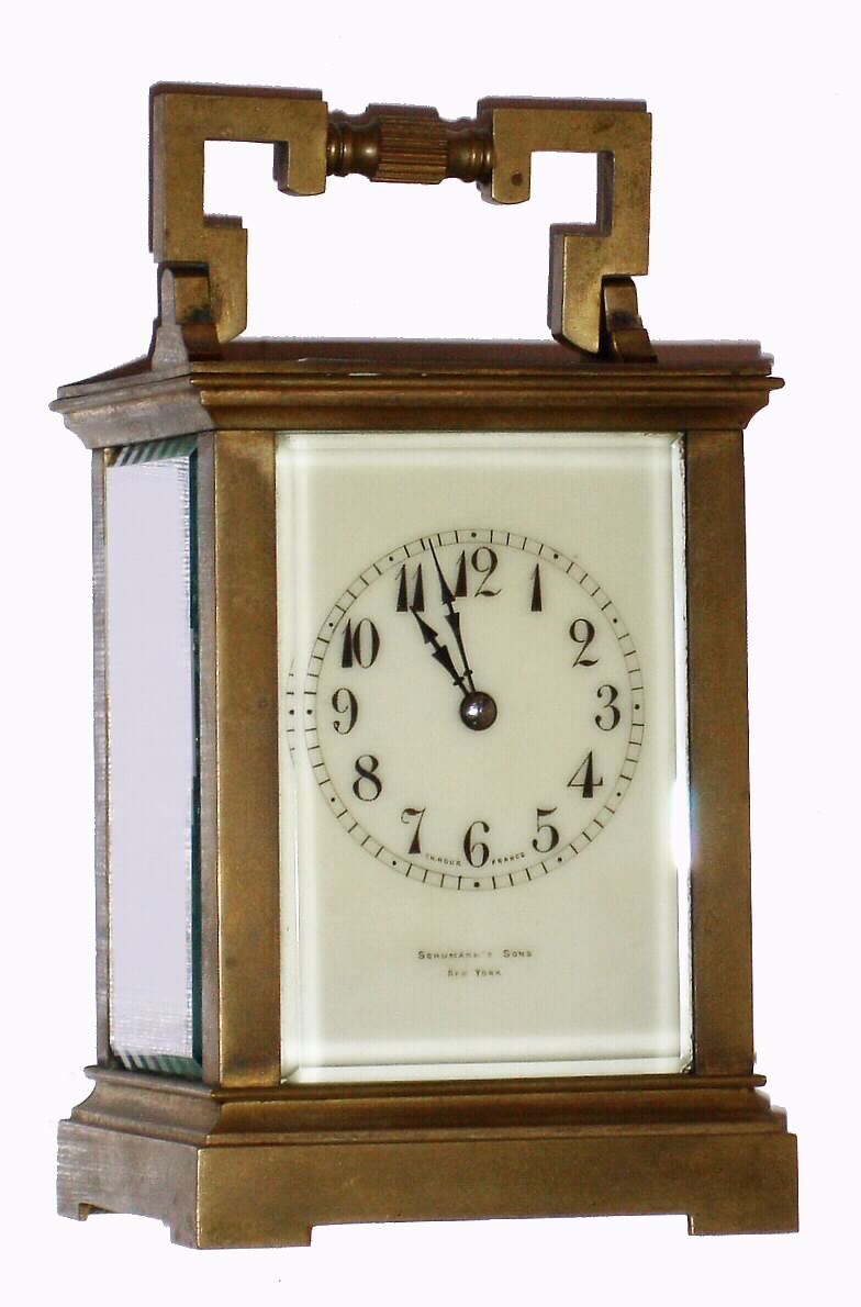 French, Charles Hour, gilt brass, striking carriage clock, in an Anglaise case retailed by Schumann's Sons, New York with its original carrying case, C. 1900 — Antique Clocks Price Guide