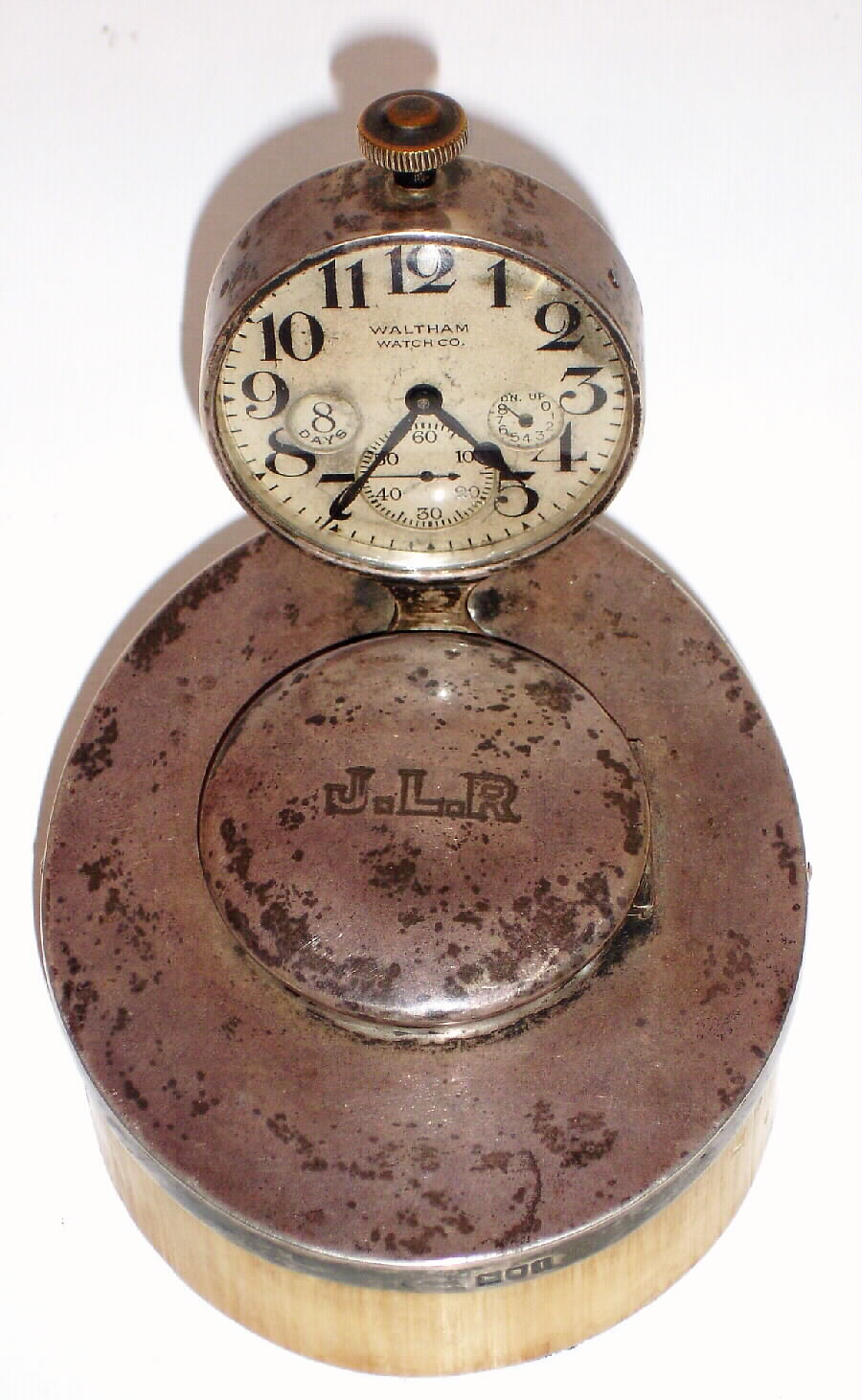 Waltham Watch Co., C.1930, Sterling silver and ivory desk ink well with an 8-day watch timepiece. Ivory base looks to be a piece of elephant tusk. — Antique Clocks Price Guide