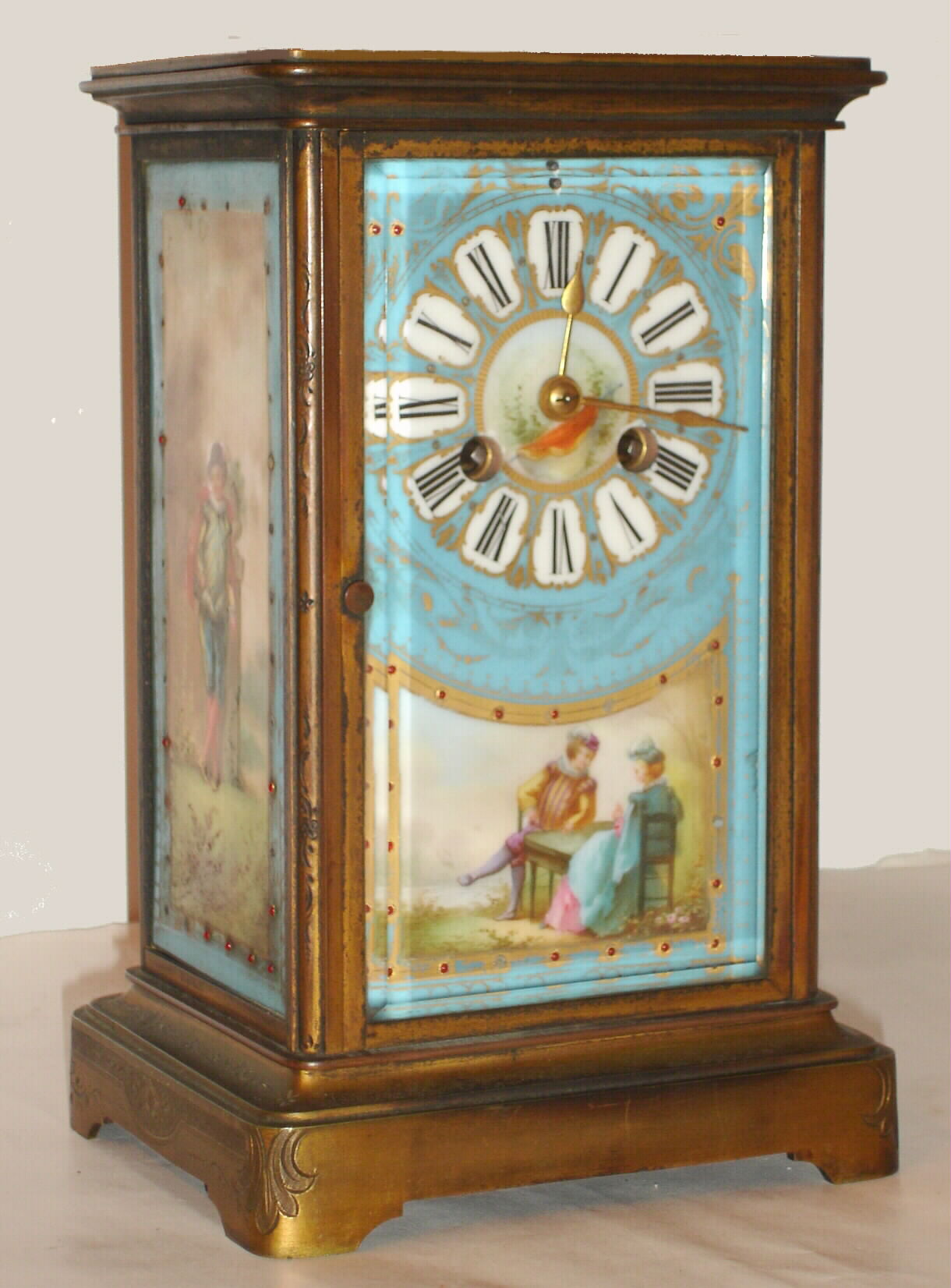 French, 8-day time/strike brass and glass with hand painted porcelain panels crystal regulator, C.1900 — Antique Clocks Price Guide