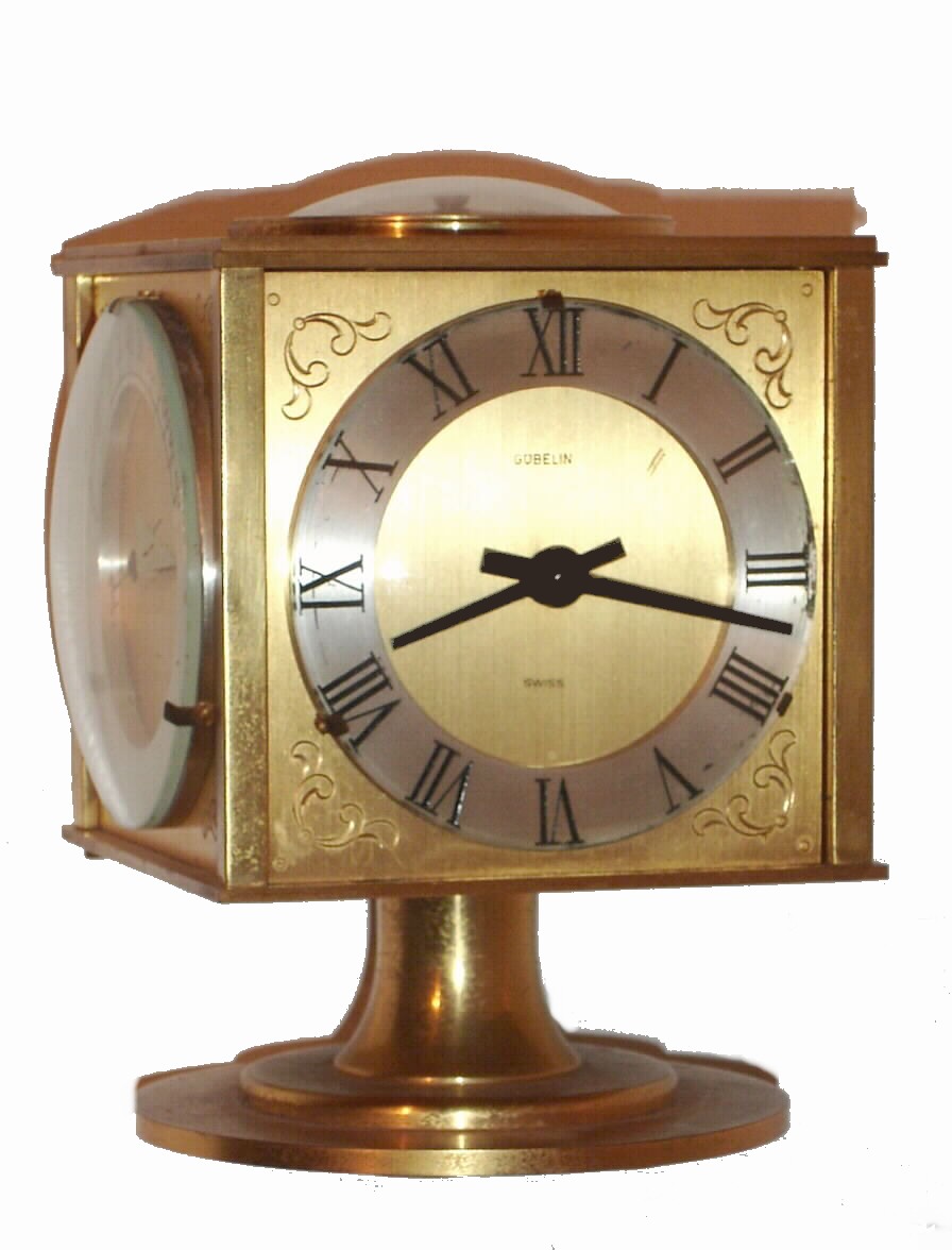 Swiss, Gubelin, 8-day dore metal timepiece weather station with Barometer, Hygrometer, Thermometer and Compass on a swivel base. — Antique Clocks Price Guide