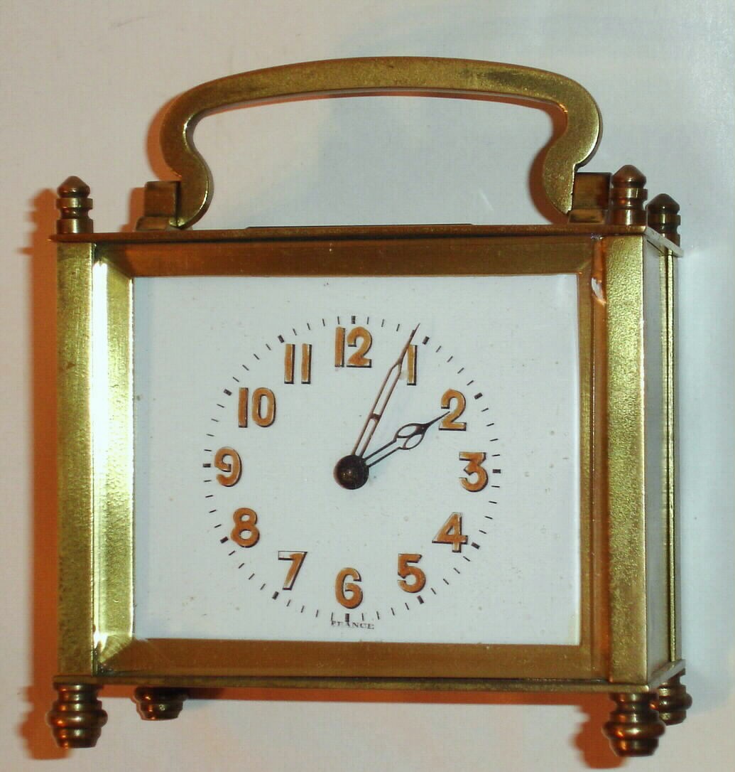 French carriage clock time only in unusual brass case with cylinder platform escapement, c1900 including custom fit felt lined travel case — Antique Clocks Price Guide
