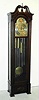 Herschede Clock Co. Cincinnati, Ohio, Model 217 triple tune, rolling moon tall case clock time and quarter chime on 9 tubes with option for Westminster, Whittington, or Canterbury chimes and silent lever, in a mahogany case with fluted half columns and steel and pierced brass moon phase dial, c1950