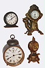 Clocks- (4): an unsigned gold plate novelty clock, Height 6.5 inches a Westclox Baby Ben alarm clock, Height 3 inches a Jennings Bros. gold plated novelty clock and an Ansonia "Repeater" nickel plate alarm clock, Height 7 inches