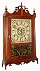 Samuel Terry, Plymouth, Conn., "Whale's Tail" pillar and scroll 30 hour time and strike wooden works movement in mahogany and maple veneer case with painted wooden dial, c1825, with restorations
