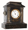 F. Kroeber Clock Co., New York, "Naples" mantel clock 8 day time and strike spring driven movement in black enamel cast iron case with cast metal trim, c1885
