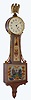 Waltham Clock Co., Waltham, Mass., "No. 1550" miniature banjo wall clock 8 day time only key wind spring driven movement in mahogany flat front case with reverse painted throat and lower tablets, c1930