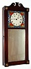 Chandler type "New Hampshire Mirror" wall clock 8 day time and alarm weight driven movement in mahogany case with reverse painted upper glass and mirrored tablet, c1820, as-found
