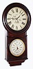 Welch Spring and Co., Forestville, Conn. "Round Head No. 4" double dial calendar wall clock 8 day time only spring driven movement with B. B. Lewis perpetual calendar mechanism in rosewood veneer and grain painted case, c1880