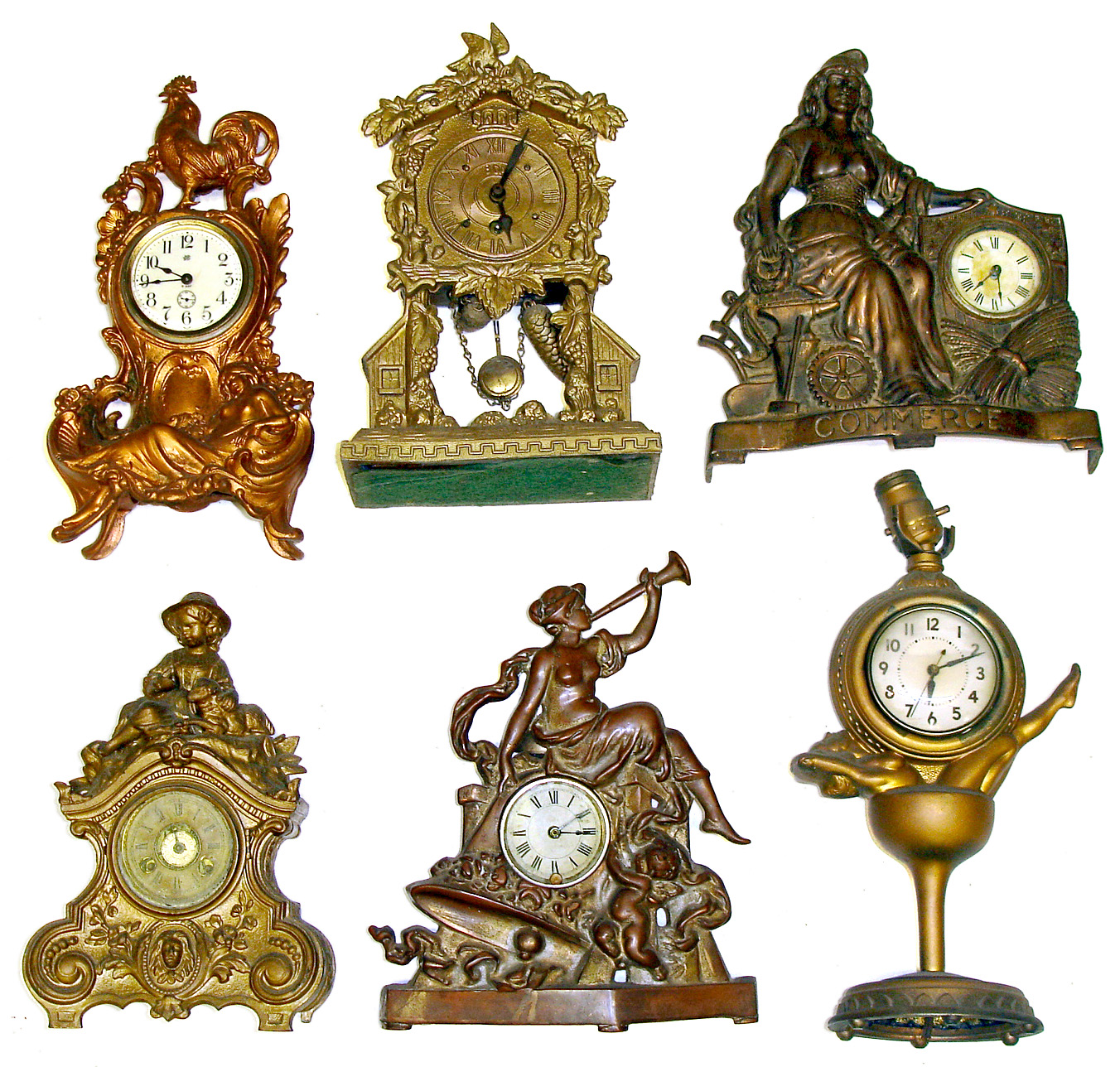 Six large cast-metal novelty clocks. Includes 8-day cuckoo style, lamp top with reclining woman, Jennings, "Commerce", Terry time/alarm and lady bugler. — Antique Clocks Price Guide