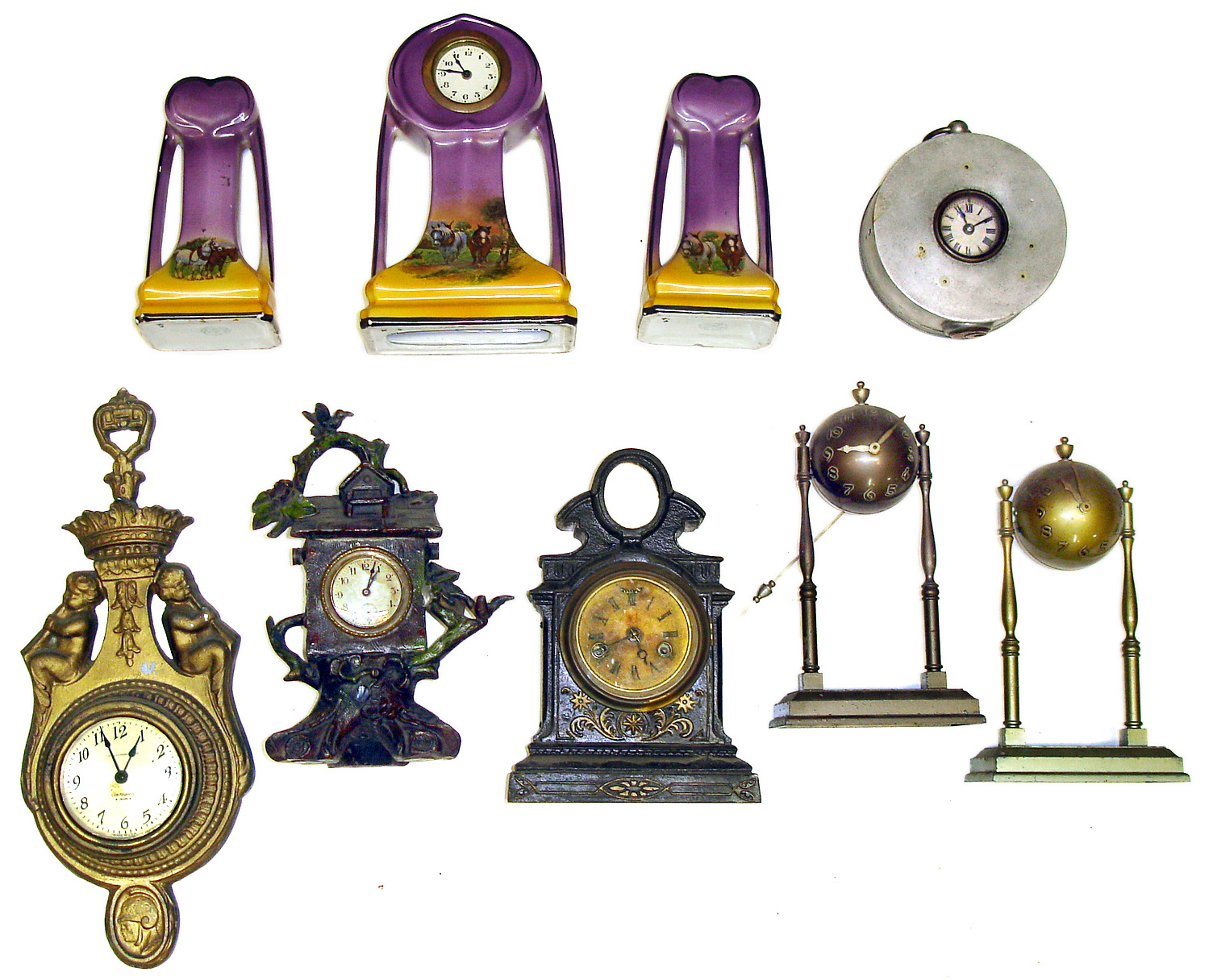 Seven novelty clocks. Includes N. Muller No. 170 (Terry?) iron case, two ball heads, Seth Thomas cartel, Eco Magneto Clock Co. Boston watchman's clock, Waterbury birdhouse, and 3-piece painted China set with farm and horses image. — Antique Clocks Price Guide