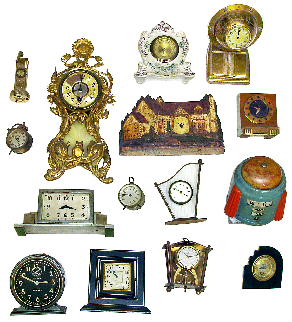Fifteen small clocks. Varied lot includes 'modern' annular with calendar, Deluxe Clock Co. "Homestead", owl novelty, Waltham Deco desk clock, mini anniversary, Ansonia mini drum, lighter clock, brass globe, Seth Thomas "Duplex", Elgin easel, Deco Heartbeat, Big Ben, etc. — Antique Clocks Price Guide
