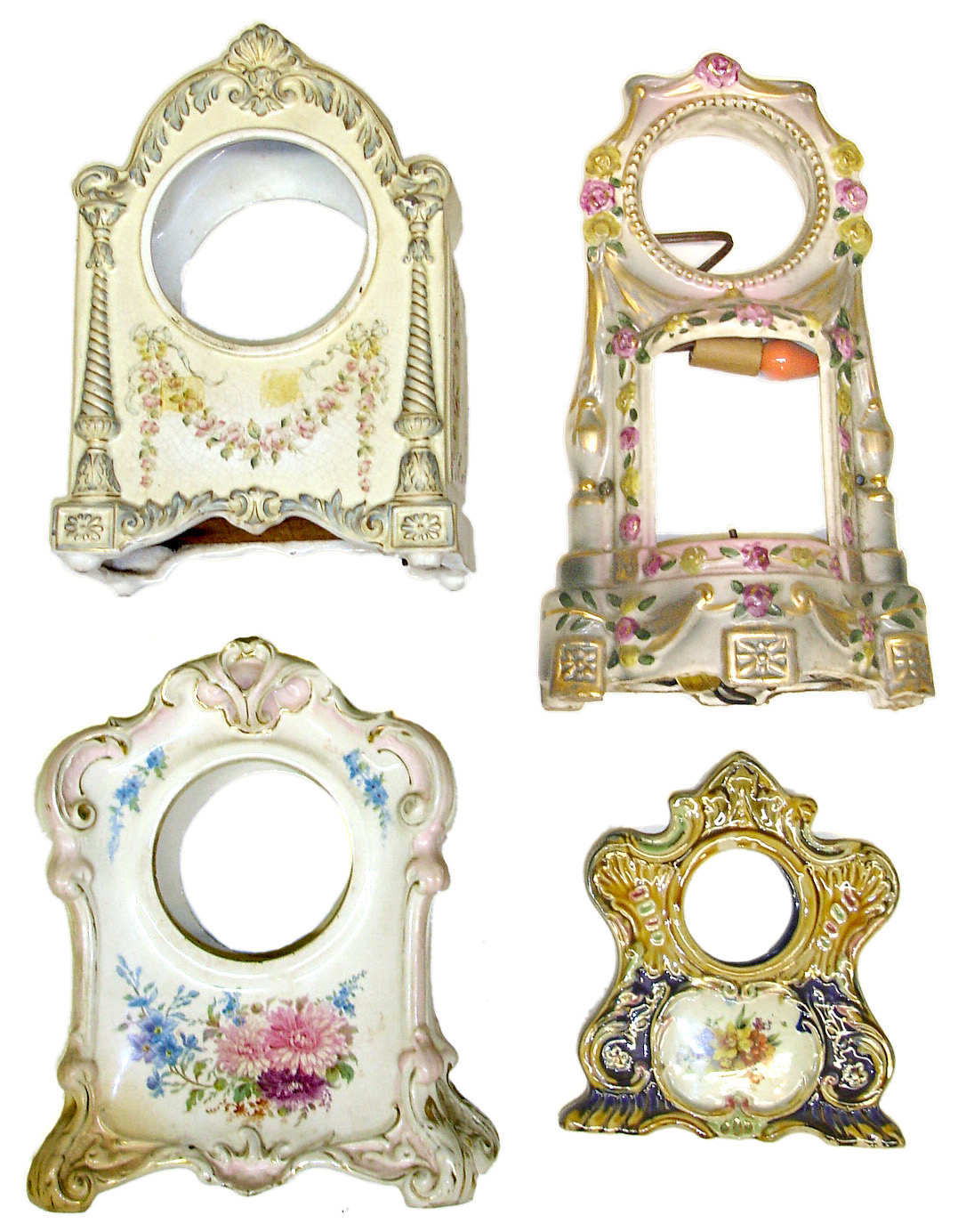 Four decorated China clock cases. Royal Bonn "La Teste", "38" with wood bottom, small cobalt blue, and electric with bulb and motor. — Antique Clocks Price Guide