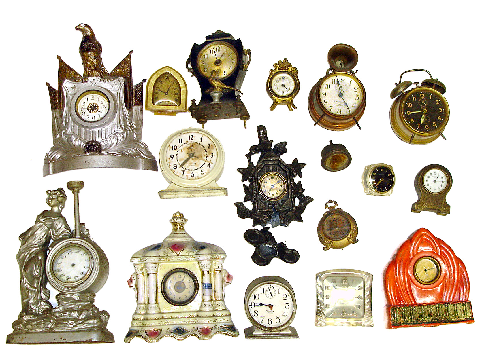 Seventeen small wind up clocks. Includes cast metal novelties, hand painted and bright orange Chinas, alarms, heavy iron with figural bird, etc. — Antique Clocks Price Guide