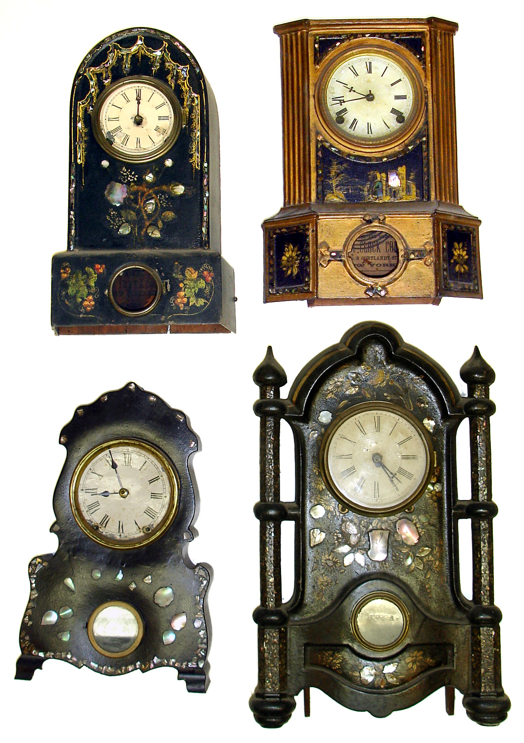 Four 8-day Connecticut iron front clocks. MOP-inlay, decorative and mostly intact cases and movements. Very restorable. — Antique Clocks Price Guide