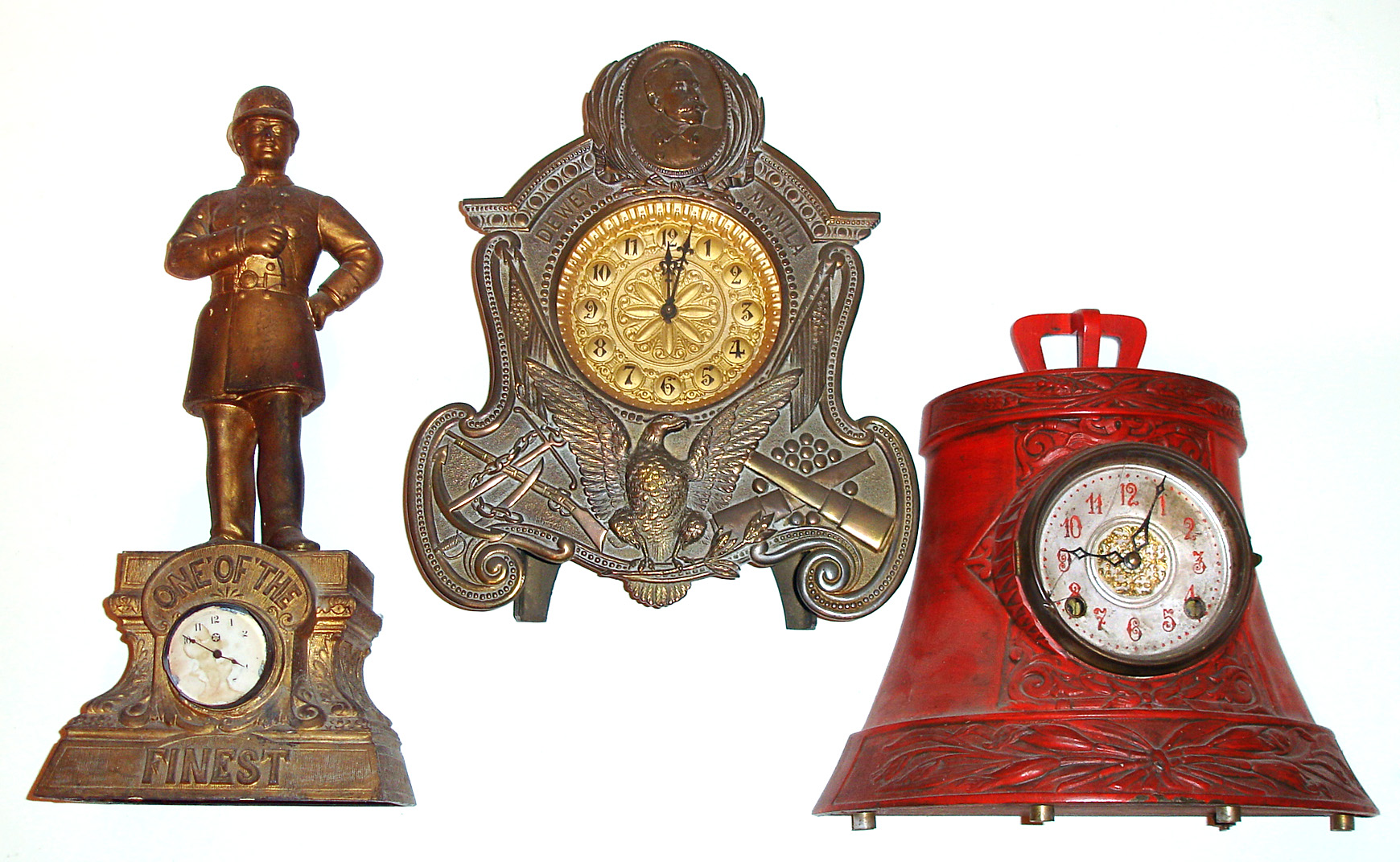 Three commemorative mantel clocks. New Haven red half bell, Waterbury "Dewey" and "One of the Finest" -- tallest at 17". — Antique Clocks Price Guide
