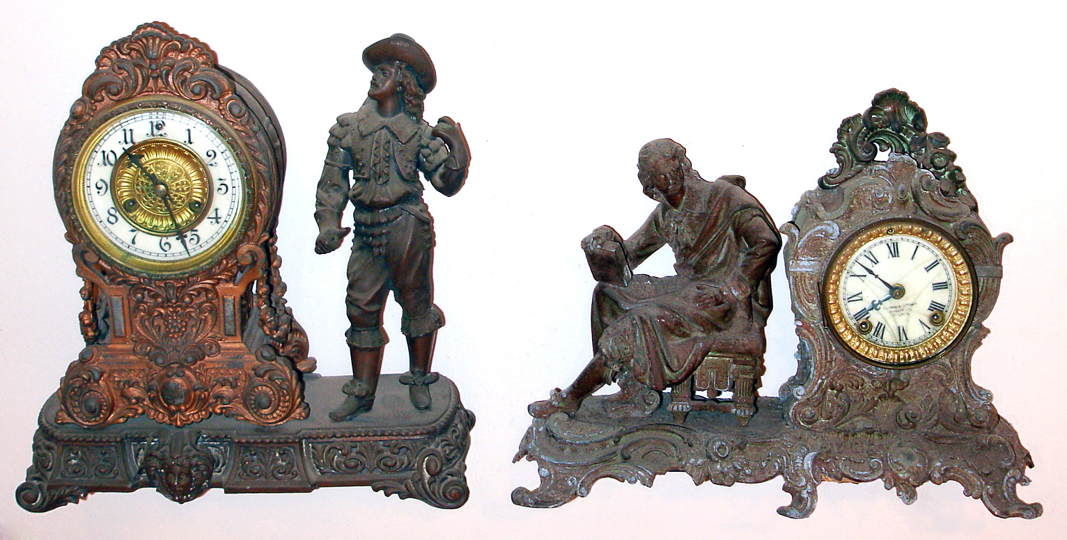 Two Connecticut 8-day cast metal figural clocks. Waterbury "Vale" and Ansonia "Racine". Larger is 13" high. — Antique Clocks Price Guide