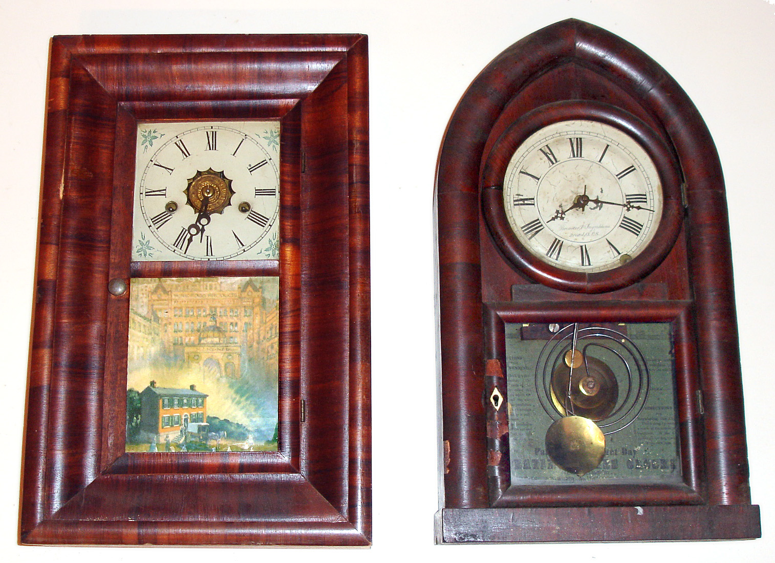Two Connecticut wood shelf clocks. Brewster and Ingraham 8 day beehive with brass mainsprings, good dial and label. 30 hour miniature ogee, no label. Both 19" high — Antique Clocks Price Guide