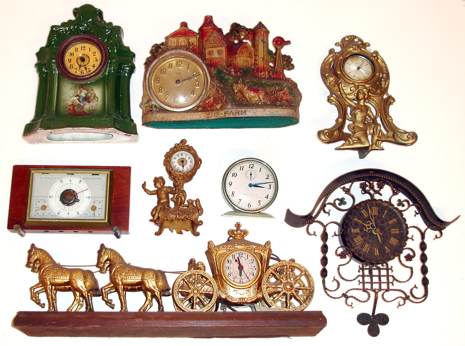 Eight piece variety lot. Novelty, alarm, United "The Farm", weather station, etc. — Antique Clocks Price Guide