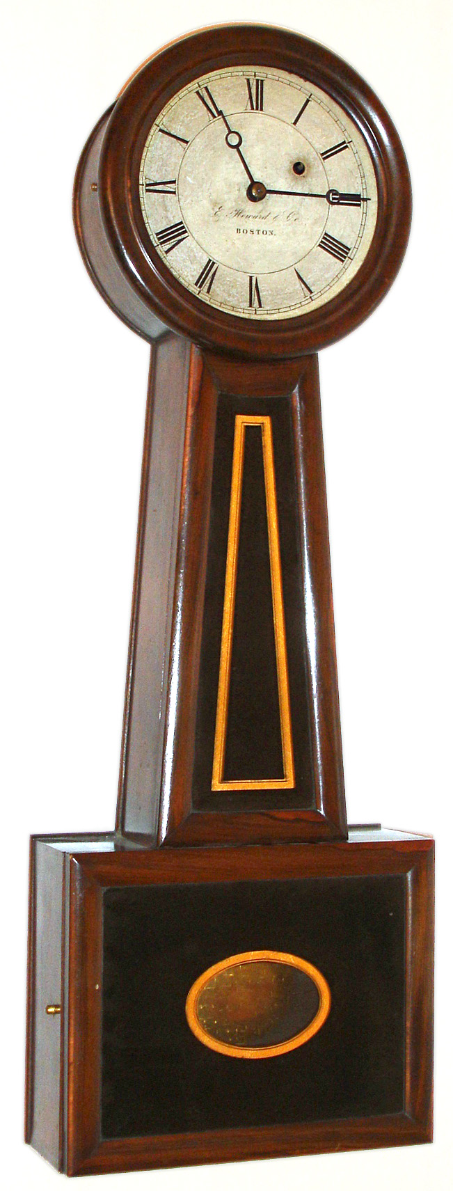 E. Howard and Co., Boston, Mass., "Square Bottom Banjo", 8 day, time only, weight driven movement stamped "E. Howard and Co." in cherry case with rosewood graining and paper over steel dial, c1860 — Antique Clocks Price Guide