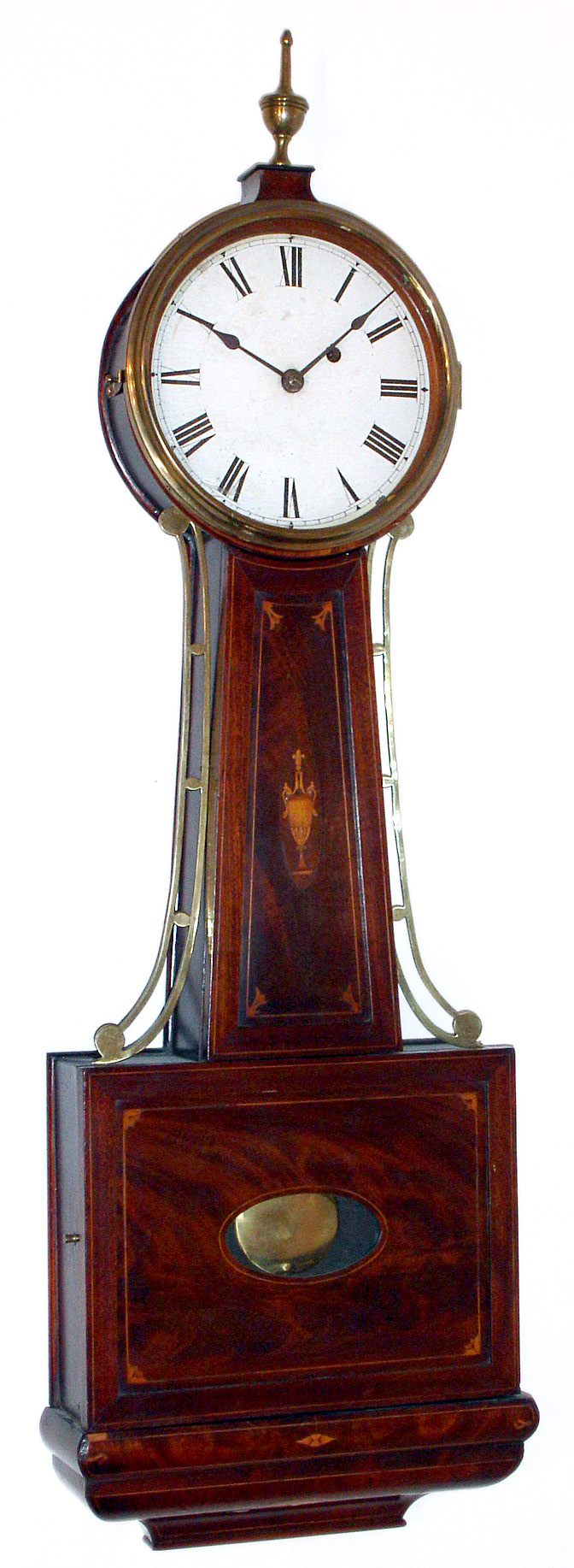 Banjo clock 8 day time only weight driven, a c1850 Hatch style movement, pendulum rod and bob in a mahogany case with Edwardian style inlay, c1900 — Antique Clocks Price Guide