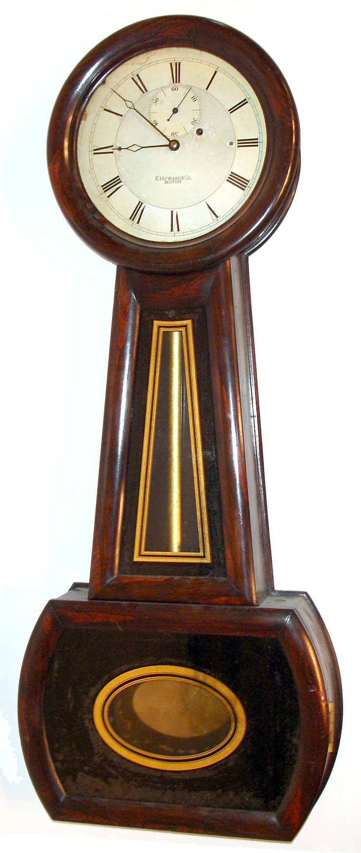 A. Howard, Boston, Mass., "No. 1 Banjo", made for and sold by Riggs and Bro. Jewelers, Philadelphia, Pa. The 8 day time only weight driven movement is signed A. Howard, Boston. The painted paper over iron dial has E. Howard and Co., Boston signature, c1900 — Antique Clocks Price Guide