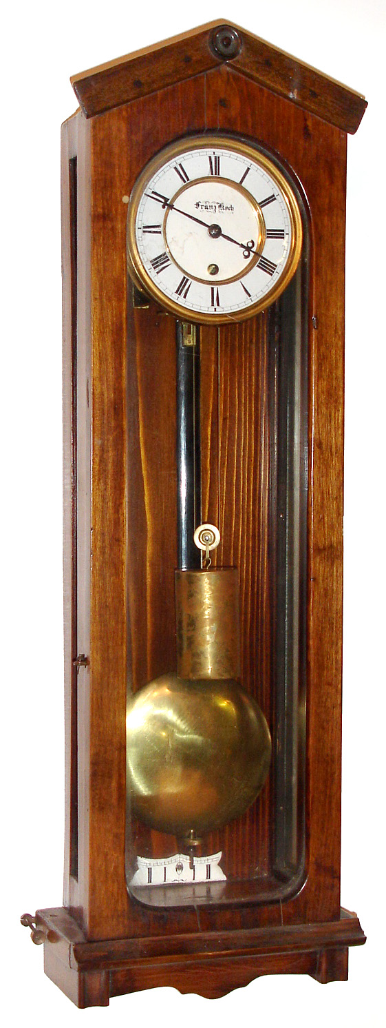Vienna regulator miniature 8 day time only weight driven movement in soft wood case with glass paneled sides and front. The porcelain dial is 4 1/2" and signed "Franz Koch", c1880 — Antique Clocks Price Guide