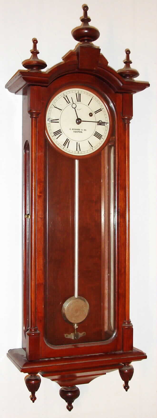 E. Howard and Co., Boston, Mass., "No. 59-6 Regulator" 8 day time only weight driven movement in cherry case with nickel pendulum rod, tie down and damascened bob, c1890 — Antique Clocks Price Guide
