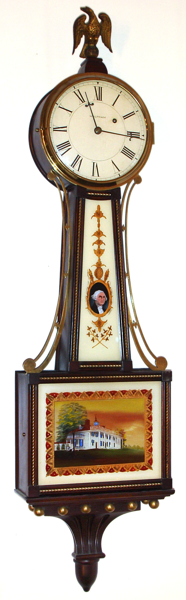 Waltham Watch Co., Waltham, Mass., presentation banjo wall clock with 8 day time only weight driven movement in mahogany case with rope front molding and painted metal dial, c1930 — Antique Clocks Price Guide