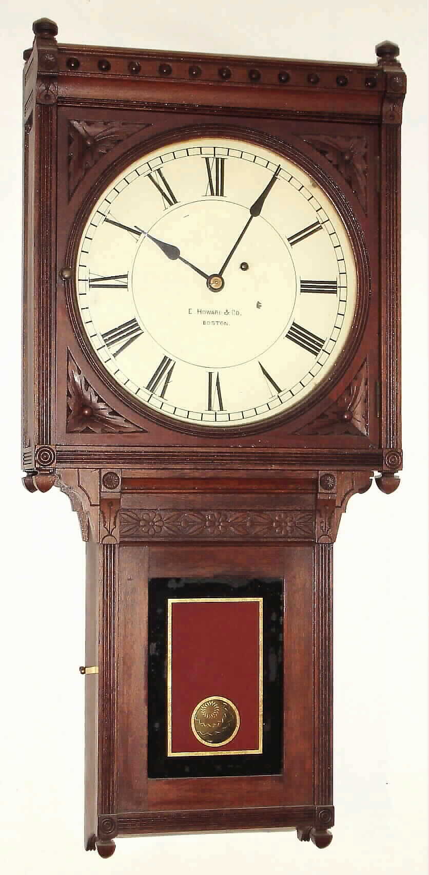 E. Howard and Co., Boston, Mass., "No. 75 Regulator" 8 day time only weight driven movement in a walnut case with a painted metal dial, c1890 — Antique Clocks Price Guide