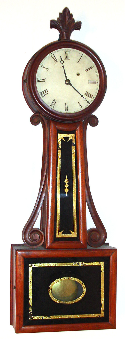 North Attleboro, MA style square bottom banjo wall clock 8 day time only weight driven movement in mahogany case with wooden side arms c1850 — Antique Clocks Price Guide