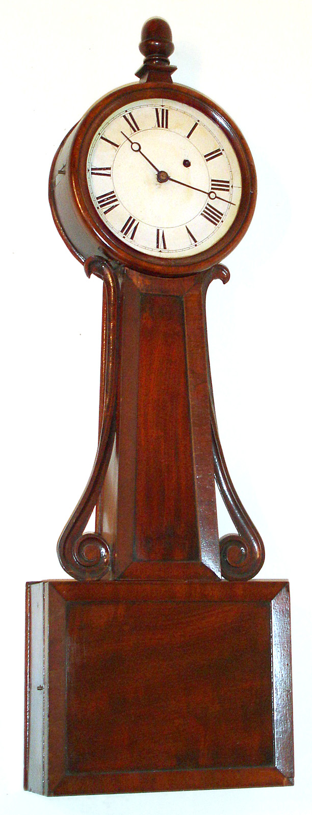 Tifft type North Attleboro, MA banjo wall clock 8 day time only weight driven movement in a mahogany case with wooden side arms and painted metal dial, c1840 — Antique Clocks Price Guide