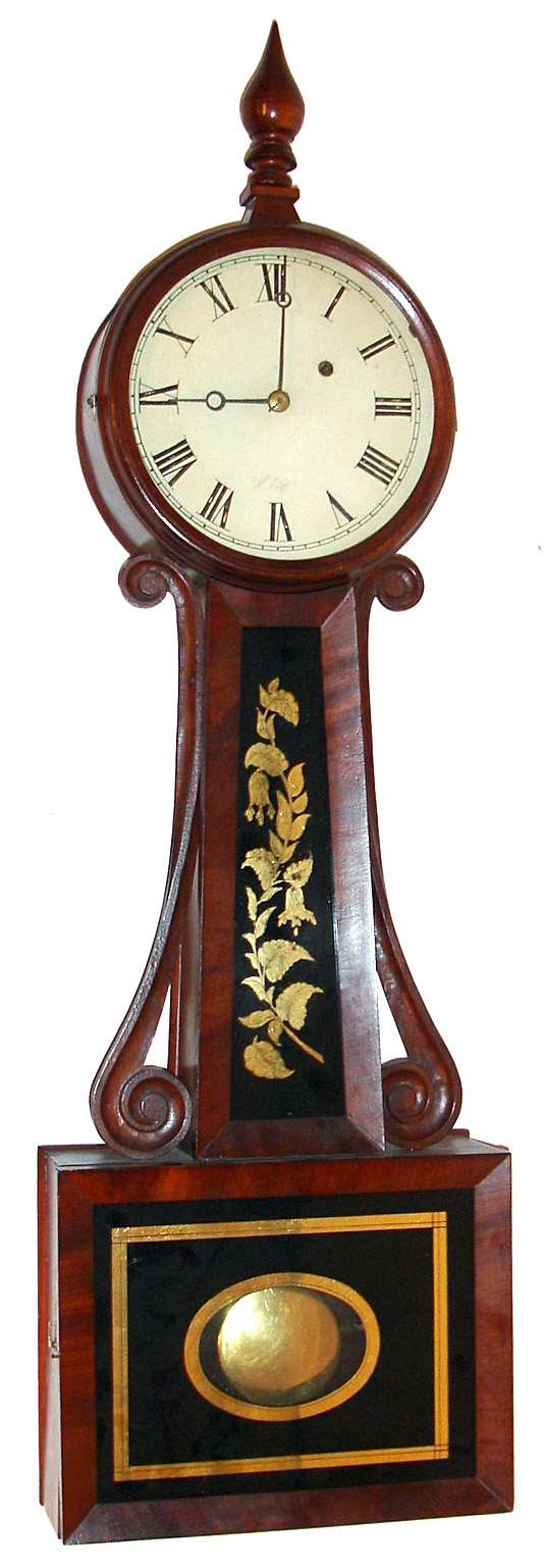 Horace Tifft, North Attleboro, MA banjo wall clock 8 day time only weight driven movement in a mahogany case with painted metal dial, c1835 — Antique Clocks Price Guide