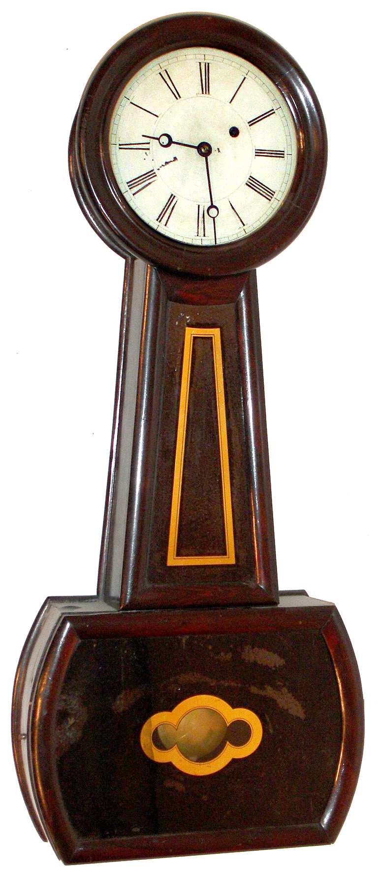 Davis, Polsey and Co., Boston, MA, "No. 4 Banjo" wall clock 8 day time only weight driven movement stamped "D P and CO" in cherry case with rosewood graining and painted metal dial, c1858 — Antique Clocks Price Guide