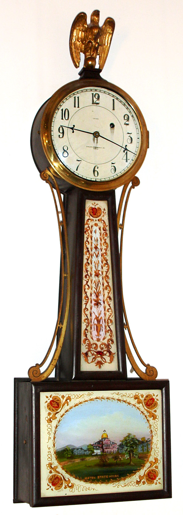 Chelsea Clock Company, Boston, banjo wall clock 8 day time only weight driven movement in plain front mahogany case with enameled metal dial, c1927 — Antique Clocks Price Guide