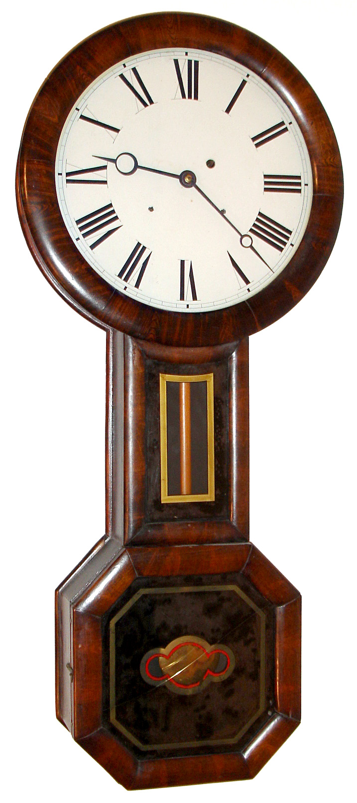 Williams and Hatch, North Attleboro, MA "Baltimore Banjo" wall clock 8 day time only weight driven movement in rosewood grain painted case with round top and octagonal bottom and painted zinc dial, c1860 — Antique Clocks Price Guide