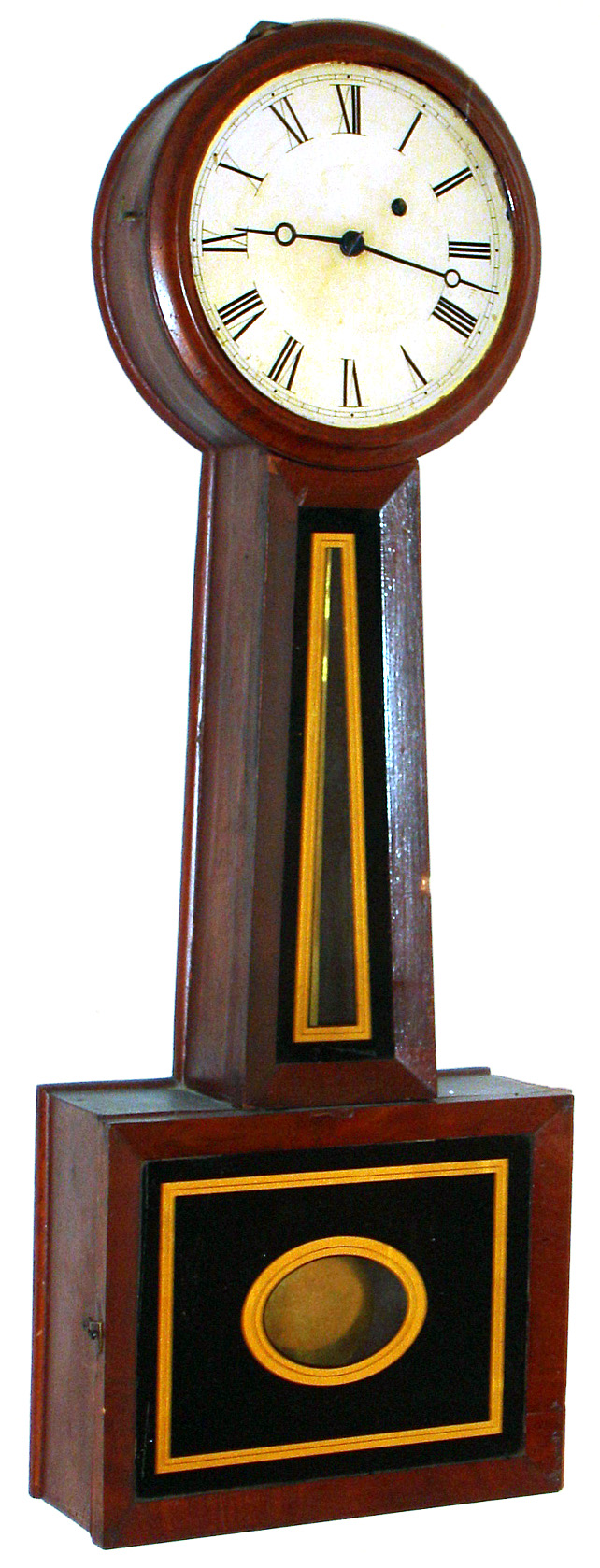North Attleboro type banjo wall clock 8 day time only weight driven movement in mahogany veneer case with painted metal dial, c1850 — Antique Clocks Price Guide