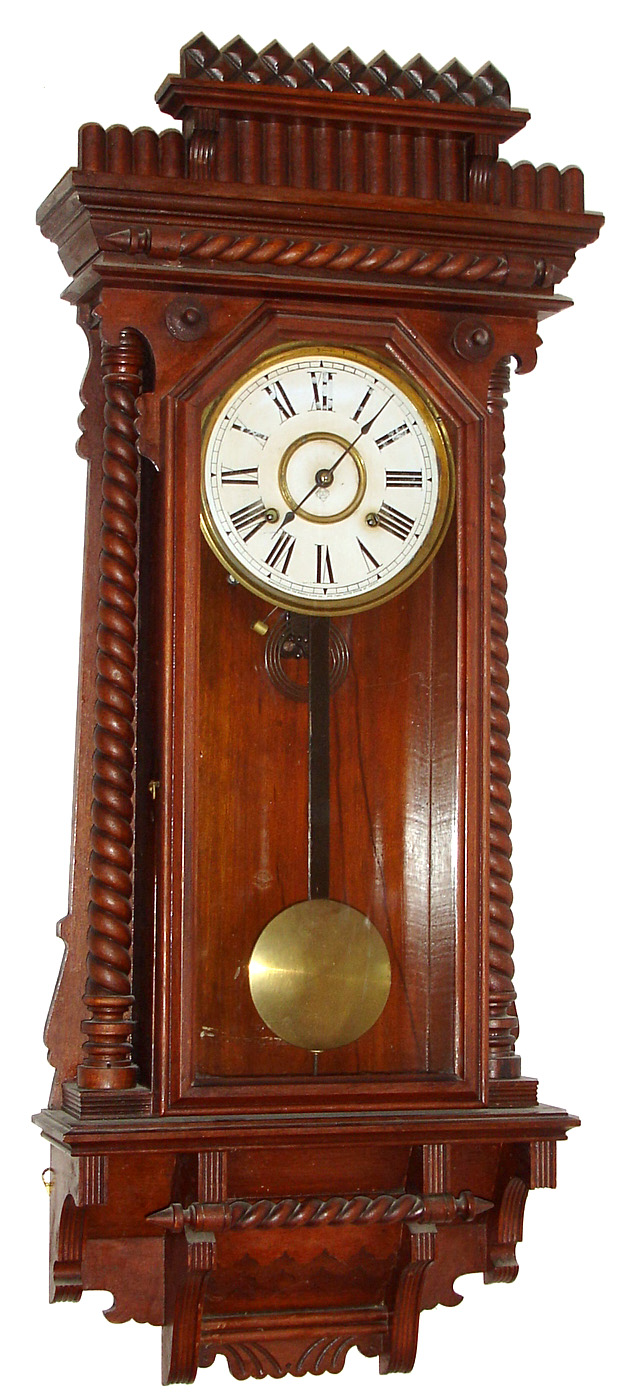 Ansonia Clock Co., New York, "Queen Anne" wall clock 8 day time and strike spring driven movement in walnut case with paper over metal dial, c1900 — Antique Clocks Price Guide
