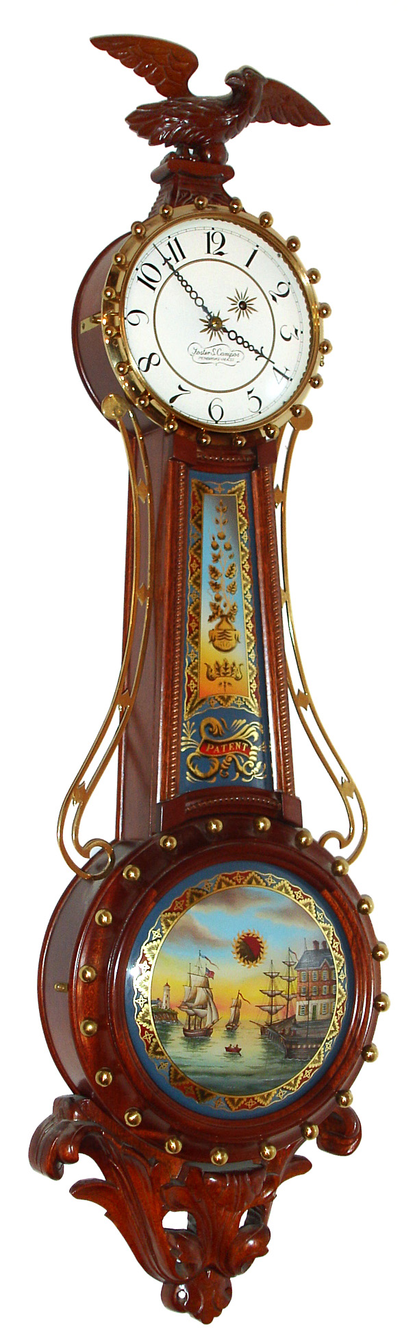 Foster Campos, Pembroke, Mass., "Mahogany Girandole" wall clock 8 day time only weight driven movement in mahogany non-gilded case with rope front throat, Moberg signed tablets and pierced hands, c1999 — Antique Clocks Price Guide