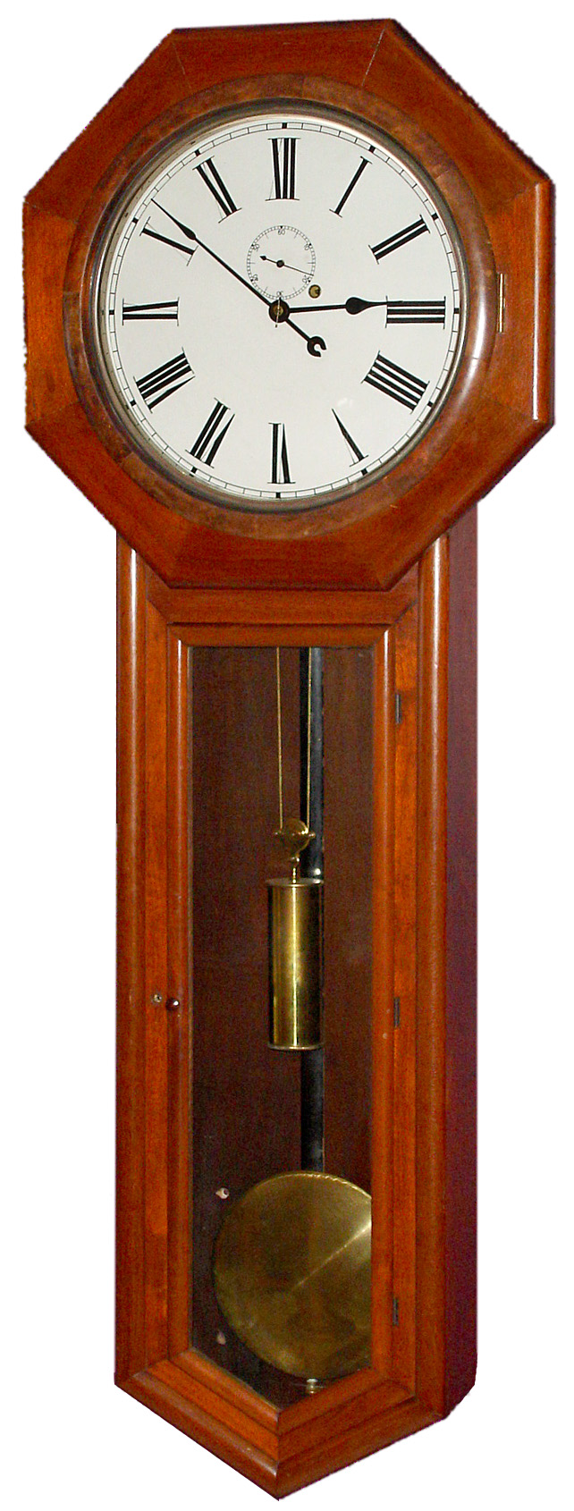 Seth Thomas Clock Co., Thomaston, Conn., "Regulator No. 18" wall clock 8 day time only weight driven movement in mahogany case with painted metal dial, brass knurled top and bottom weight, and 8" brass bob, c1891{dated on rear of case} — Antique Clocks Price Guide