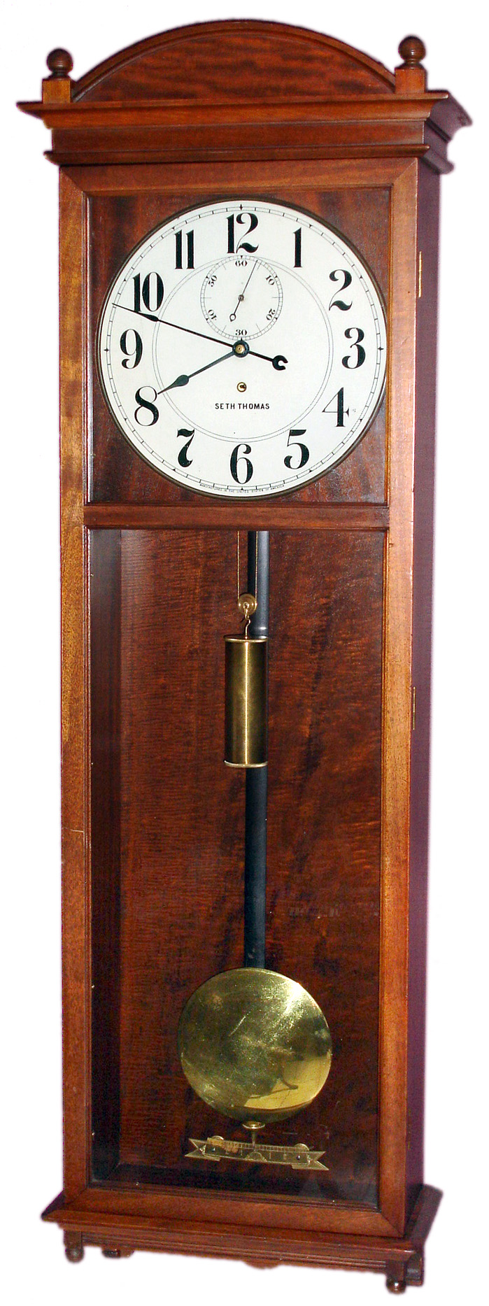 Seth Thomas Clock Co., Thomaston, Conn. "Regulator No. 20" wall clock 8 day time only weight driven movement in mahogany case with painted metal dial, c1909 — Antique Clocks Price Guide