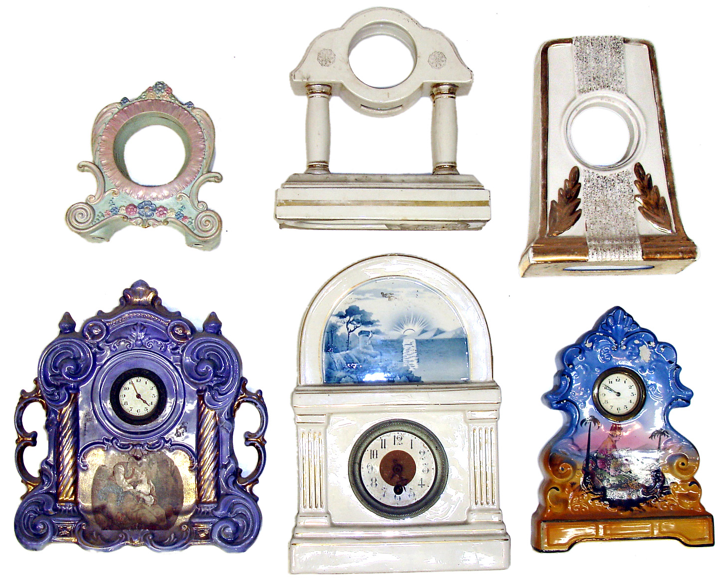 Three China novelty clocks, three China cases (six pieces total). Colorful cases, 3 complete clocks have pin pallet movements. — Antique Clocks Price Guide